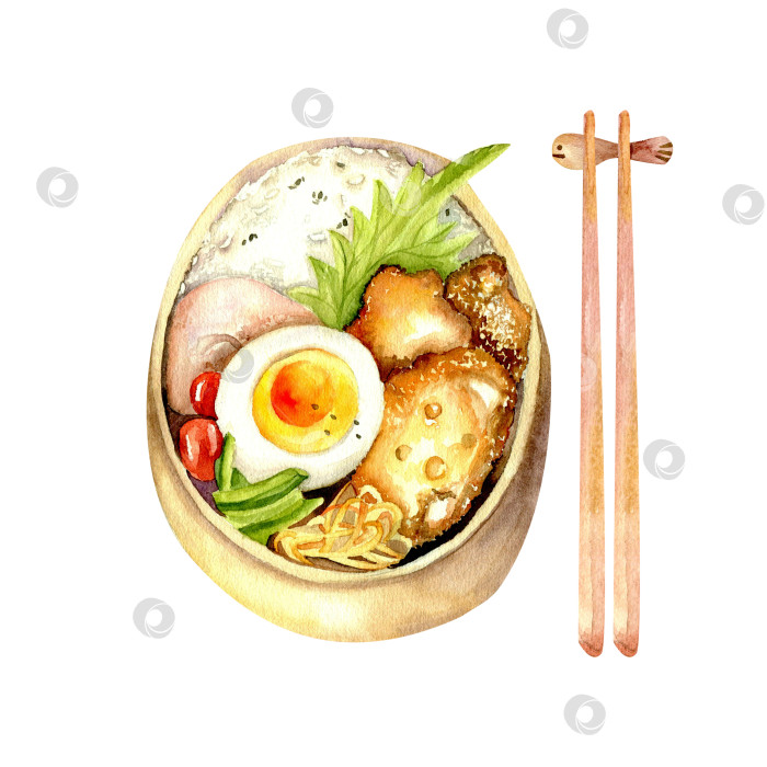 Скачать Коробка для бенто, нарисованная японской акварелью от руки. Японский луч с рисом, курицей и яйцом с помощью палочек для еды для оформления меню фотосток Ozero
