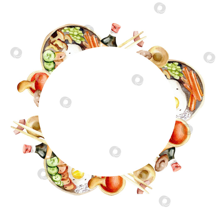 Скачать Акварельная круглая рамка для азиатской кухни: соевый соус, миска для риса, чили, палочки для еды и ложка для кухни, ресторана, текстиля, дизайна меню фотосток Ozero