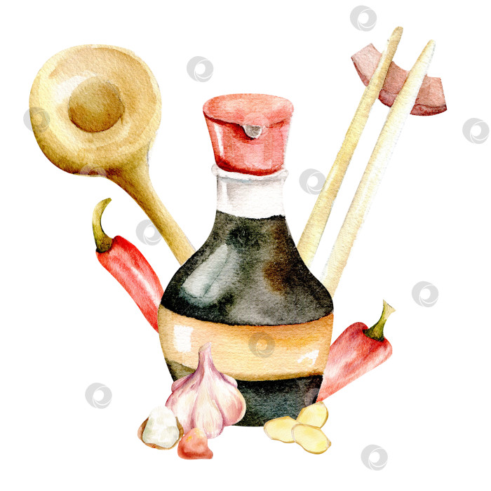 Скачать Акварельная композиция азиатской кухни: соевый соус в бутылке, палочки для еды и ложка, красный перец, чеснок, кусочки имбиря, соль и чили. Иллюстрация к еде фотосток Ozero