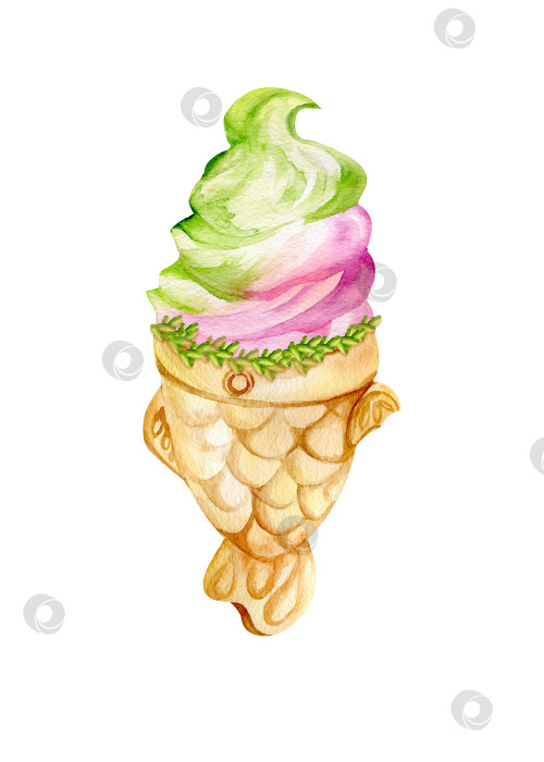 Скачать Десерт "Тайяки" - зеленое и розовое мороженое с декоративной акварельной иллюстрацией на изолированном белом фоне фотосток Ozero