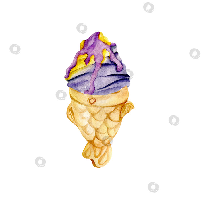 Скачать Десертное мороженое "Тайяки". Фиолетовое разноцветное мороженое в рыбном вафле. Акварельная иллюстрация фотосток Ozero