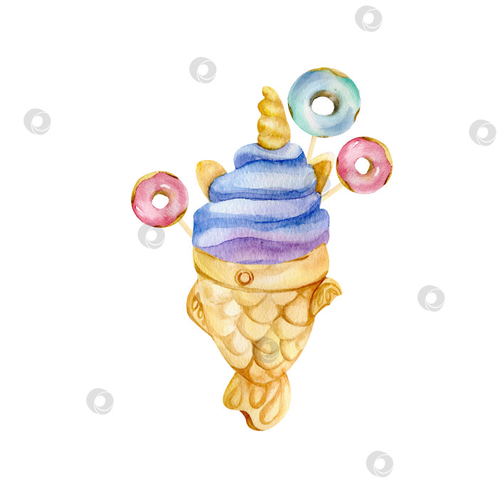Скачать Акварельное японское мороженое тайяки с донатами. Сине-фиолетовое мороженое в вафельном рожке для лета, дизайн кафе фотосток Ozero
