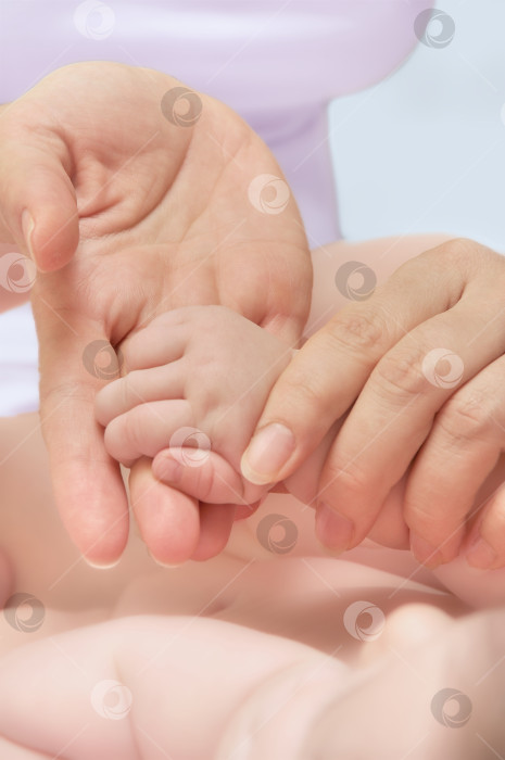 Скачать Руки родителей, держащие пальчики новорожденного, крупным планом рука матери, держащей своего новорожденного ребенка. Развивающий детский массаж фотосток Ozero