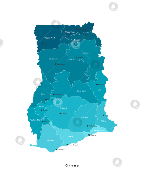 Скачать Векторная изолированная иллюстрация. Упрощенная административная карта Ганы в синих тонах. Белый фон. Названия регионов и столиц Ганы фотосток Ozero
