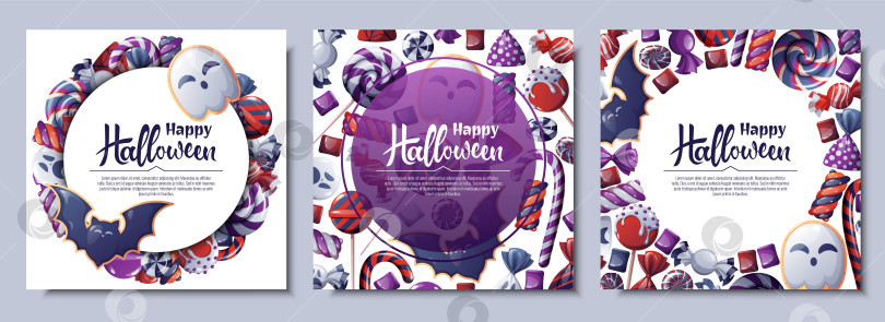 Скачать Набор векторных фонов для приглашения на Хэллоуин или поздравительной открытки. Плакат, баннер с печеньем-призраком и летучей мышью, конфетами, сластями, печеньем на палочке, леденцами на палочке. Отлично подходит для флаера, фона фотосток Ozero