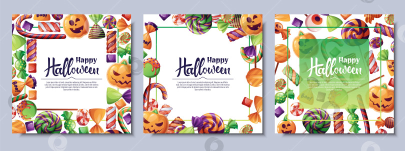 Скачать Набор векторных фонов для приглашения на Хэллоуин или поздравительной открытки. Плакат, баннер с тыквенным печеньем, жуткими конфетами, сластями, печеньем, леденцами на палочке. Отлично подходит для флаера, фона фотосток Ozero