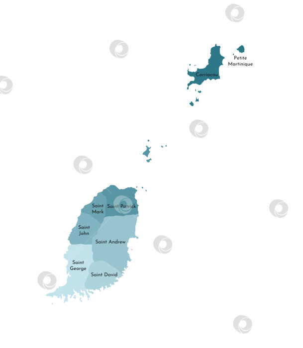 Скачать Векторная изолированная иллюстрация упрощенной административной карты Гренады. Границы и названия приходов (областей) и островов со статусом зависимости. Яркие силуэты синего цвета хаки фотосток Ozero
