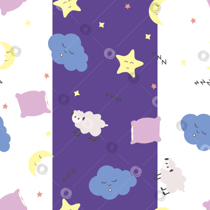 Скачать Симпатичный бесшовный узор с луной (полумесяцем) и звездами, подушкой, овечками и облаками на белом и фиолетовом фоне. фотосток Ozero
