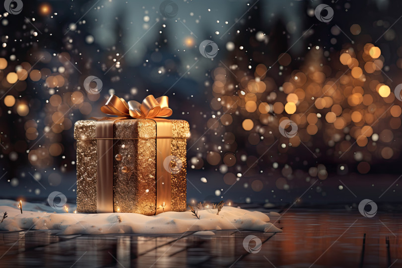Скачать реалистичный рождественский подарок в формате 3d на фоне новогодних праздников и снега. Создано искусственным интеллектом. фотосток Ozero