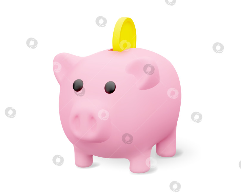 Скачать Симпатичная розовая 3d мультяшная копилка с желтой монетой, изолированной на белом фоне. Концепция банковского дела, сбережений или инвестиций. Векторная иллюстрация 3d-рендера. фотосток Ozero