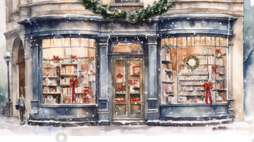 Скачать Витрина книжного магазина с рождественским оформлением. Акварельная иллюстрация в стиле ретро. фотосток Ozero
