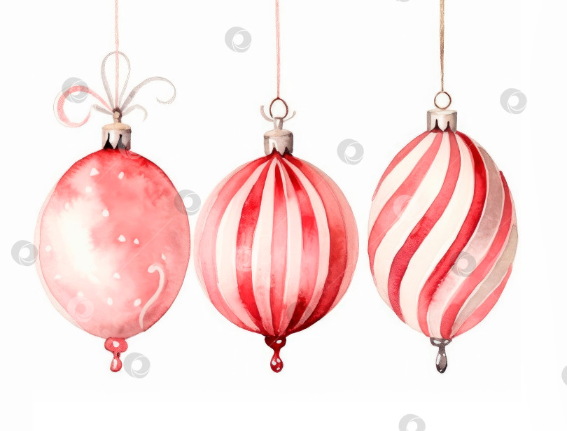 Скачать Рождественский набор подвесных стеклянных шаров розового, красного и фиолетового цветов, нежная акварельная иллюстрация, выделенная на белом фоне фотосток Ozero