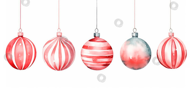 Скачать Рождественский набор подвесных стеклянных шаров розового, красного и фиолетового цветов, нежная акварельная иллюстрация, выделенная на белом фоне фотосток Ozero