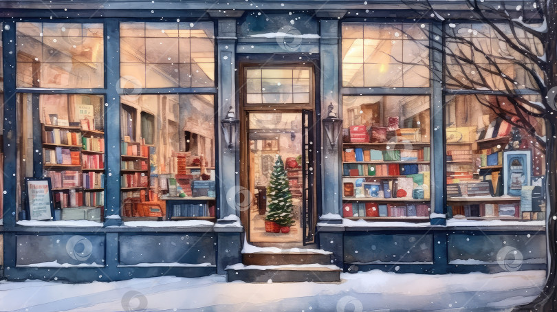 Скачать Витрина книжного магазина с рождественским оформлением. Акварельная иллюстрация в стиле ретро. фотосток Ozero