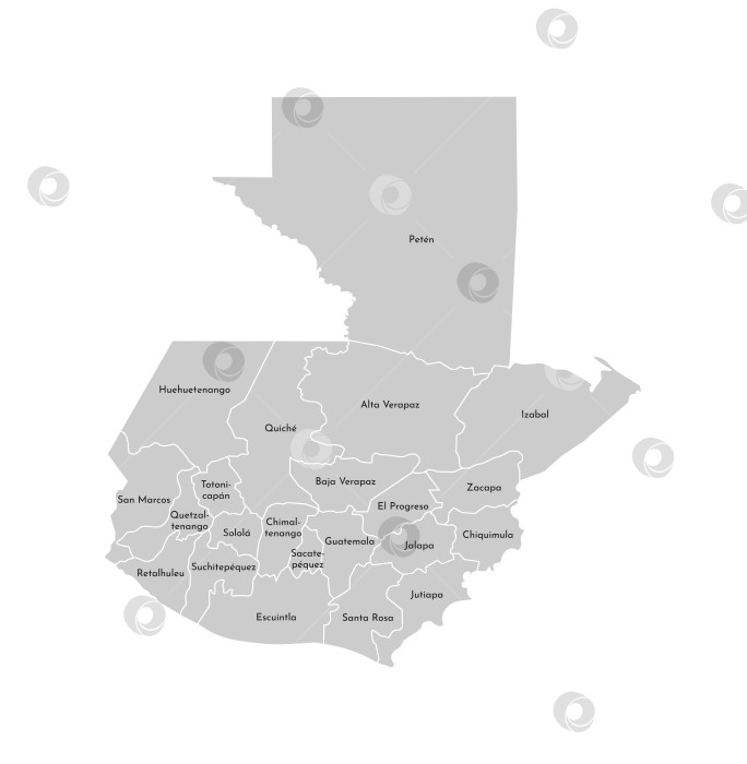 Скачать Векторная изолированная иллюстрация упрощенной административной карты Гватемалы; границы и названия департаментов (регионов). Серые силуэты. Белый контур фотосток Ozero