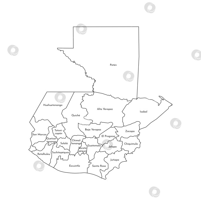 Скачать Векторная изолированная иллюстрация упрощенной административной карты Гватемалы. Границы и названия департаментов (регионов). Силуэты в виде черных линий фотосток Ozero