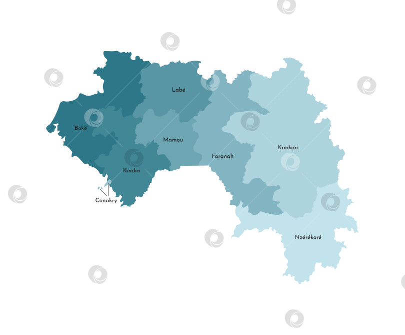 Скачать Векторная изолированная иллюстрация упрощенной административной карты Гвинеи. Границы и названия регионов. Яркие силуэты синего цвета хаки фотосток Ozero