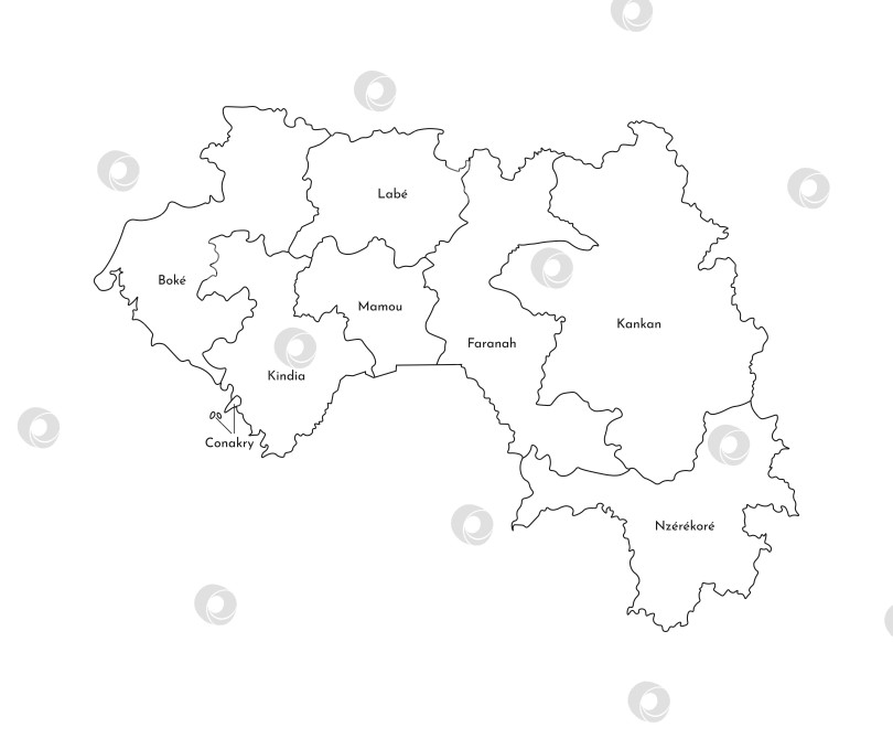 Скачать Векторная изолированная иллюстрация упрощенной административной карты Гвинеи. Границы и названия регионов. Силуэты в виде черных линий фотосток Ozero
