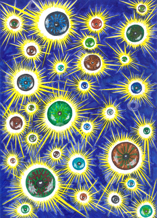 Скачать Стилизованное изображение зрачка глаза с красивой разноцветной радужной оболочкой. Креативный необычный узор из множества элементов разных цветов в виде желтых многолучевых звезд на фоне ярко-голубого неба фотосток Ozero