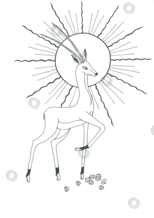 Скачать Контурный рисунок антилопы с длинными рогами, стоящей над грудой бриллиантов. Иллюстрация к сказке о Золотой антилопе. На заднем плане изображено символическое изображение солнца в индийском стиле. фотосток Ozero