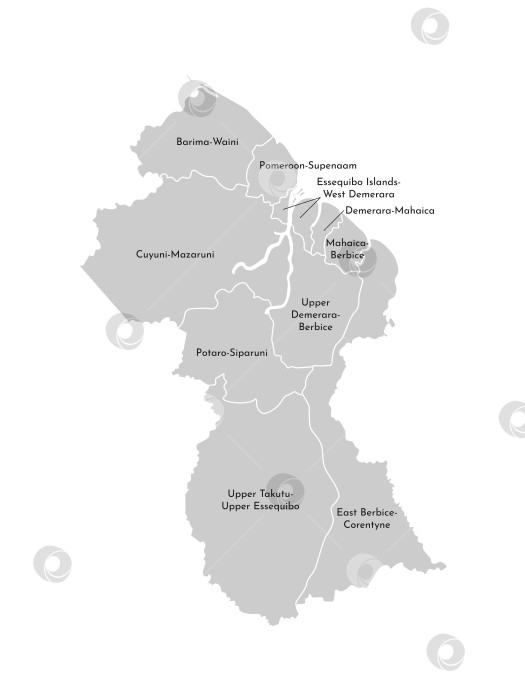 Скачать Векторная изолированная иллюстрация упрощенной административной карты Гайаны. Границы и названия регионов. Серые силуэты. Белый контур фотосток Ozero