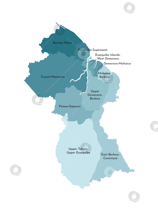 Скачать Векторная изолированная иллюстрация упрощенной административной карты Гайаны. Границы и названия регионов. Яркие силуэты синего цвета хаки фотосток Ozero