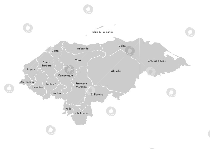Скачать Векторная изолированная иллюстрация упрощенной административной карты Гондураса. Границы и названия департаментов (регионов). Серые силуэты. Белый контур фотосток Ozero