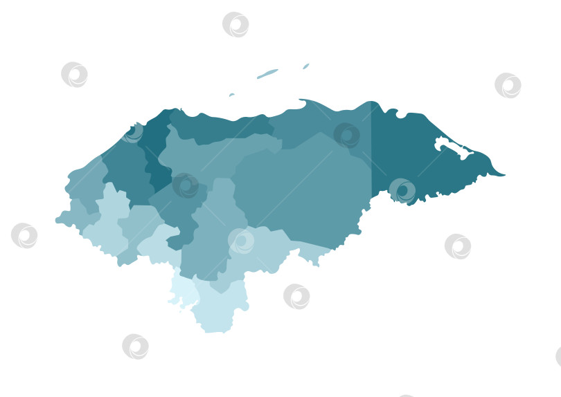 Скачать Векторная изолированная иллюстрация упрощенной административной карты Гондураса. Границы департаментов (регионов). Яркие силуэты синего цвета хаки фотосток Ozero