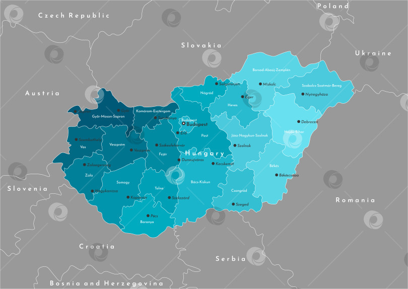 Скачать Векторная современная иллюстрация. Упрощенная административная карта Венгрии (выделена синим цветом) и границы с соседними странами. Названия венгерских городов и уездов фотосток Ozero