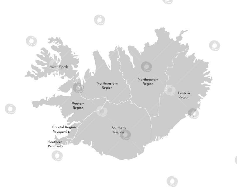 Скачать Векторная изолированная иллюстрация упрощенной административной карты Исландии. Границы и названия провинций (регионов). Серые силуэты. Белый контур фотосток Ozero