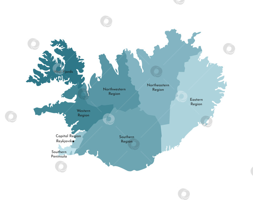 Скачать Векторная изолированная иллюстрация упрощенной административной карты Исландии. Границы и названия регионов. Яркие силуэты синего цвета хаки фотосток Ozero