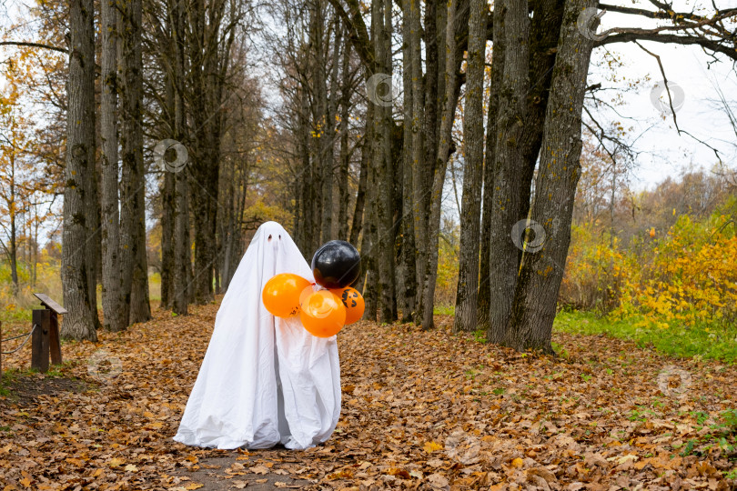 Скачать Ребенок в простынях с вырезом для глаз, похожий на костюм привидения в осеннем лесу, пугает и наводит ужас. Доброе маленькое забавное привидение. Вечеринка в честь Хэллоуина фотосток Ozero