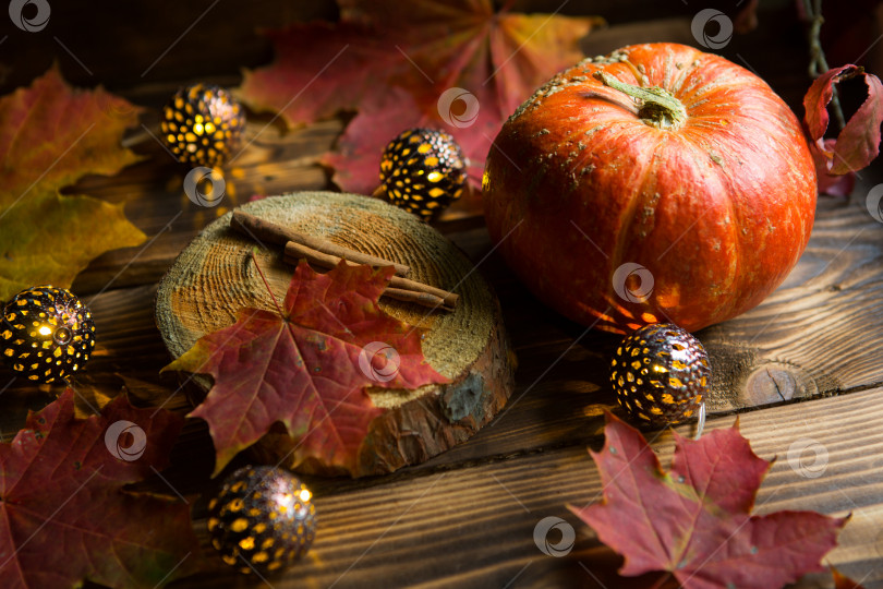 Скачать Оранжевая натуральная круглая тыква на деревянном столе с опавшими желтыми и красными кленовыми листьями, палочками корицы. Гирлянды огней, теплая осенняя атмосфера, день благодарения, праздник урожая, Хэллоуин. Пространство для копирования фотосток Ozero