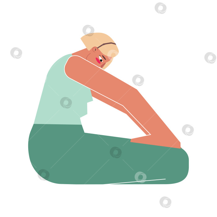 Скачать Vector isolated illustration with flat female character. Strong woman learns posture Uddiyana Bandha at yoga class. Fitness exercise - Upward Abdominal Lock фотосток Ozero