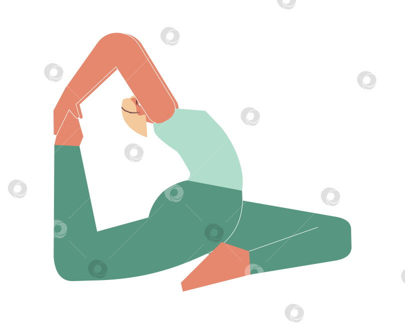 Скачать Vector isolated illustration with flat female character. Sportive woman learns Hip-Opening posture Eka Pada Rajakapotasana I at yoga class. Fitness exercise - One Legged King Pigeon Pose I фотосток Ozero