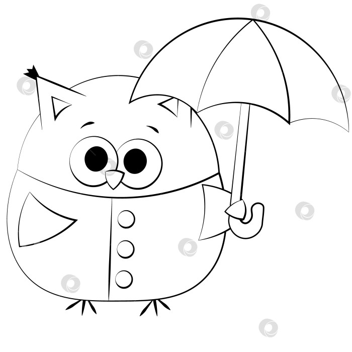Скачать Симпатичная мультяшная сова в дождевике с зонтиком. Нарисуйте иллюстрацию в черно-белом цвете фотосток Ozero