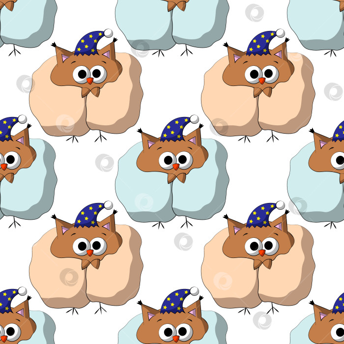 Скачать Seamless vector pattern with cute cartoon owl with blanket фотосток Ozero