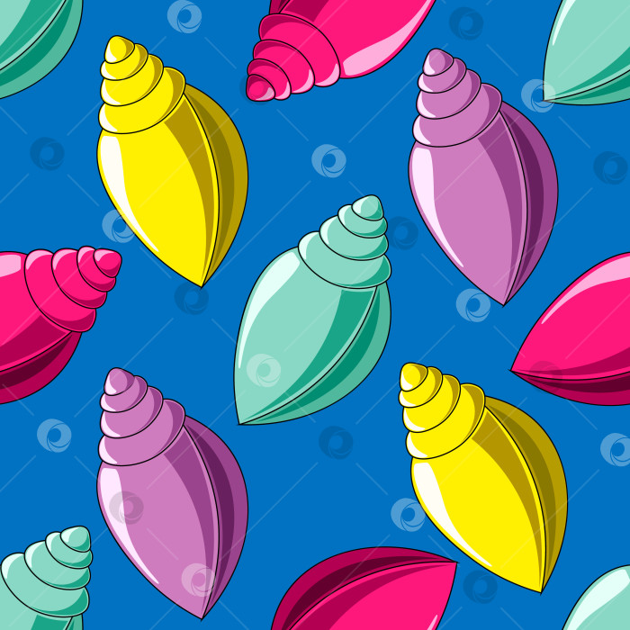 Скачать Seamless vector pattern with purple, yellow, dark pink and blue seashells фотосток Ozero