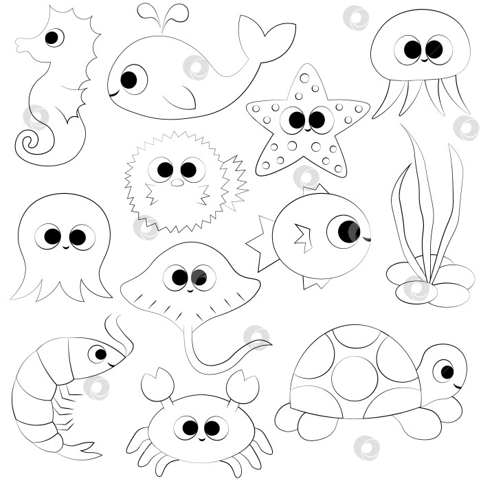 Скачать Set with cute cartoon underwaters animals in black and white фотосток Ozero