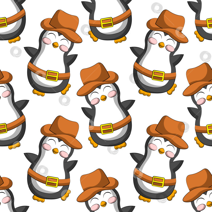 Скачать Seamless vector pattern with cute cartoon penguin cowboy фотосток Ozero