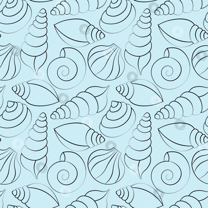 Скачать Seamless vector pattern with outline blue seashells фотосток Ozero