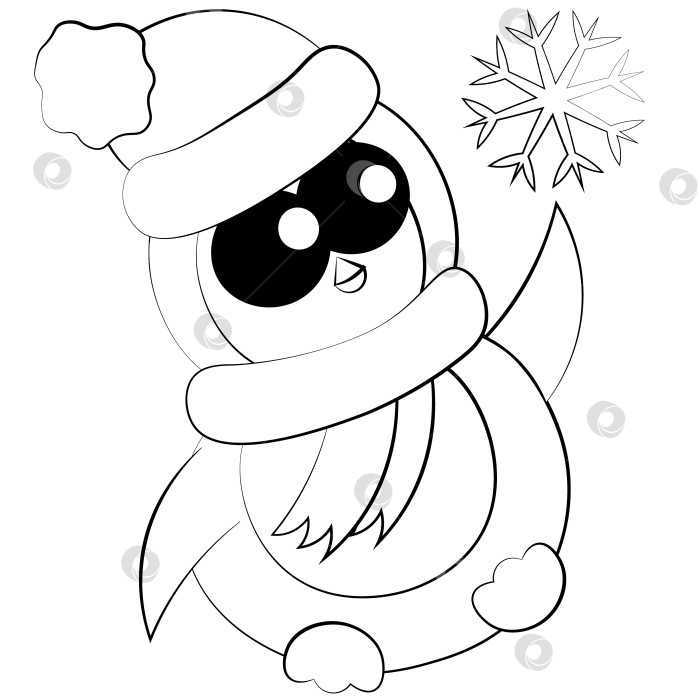 Скачать Cute cartoon Penguin with snowflake. Draw illustration in black and white фотосток Ozero