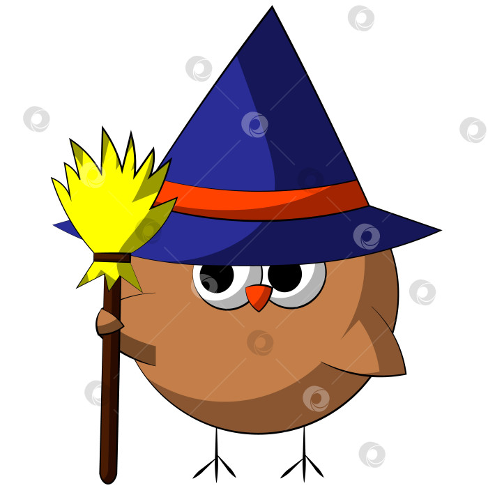 Скачать Cute cartoon Owl magician with broom. Draw illustration in color фотосток Ozero