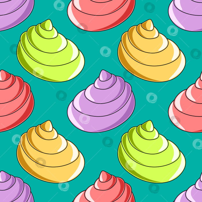 Скачать Seamless vector pattern with orange, green, pink and purple seashells фотосток Ozero