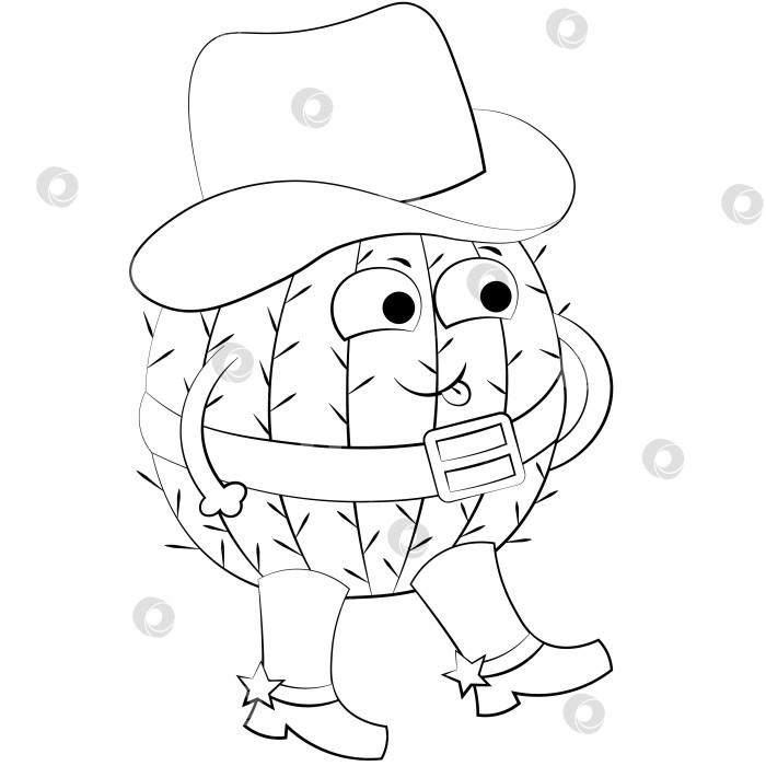 Скачать Cute cartoon character Cactus Cowboy. Draw illustration in black and white фотосток Ozero