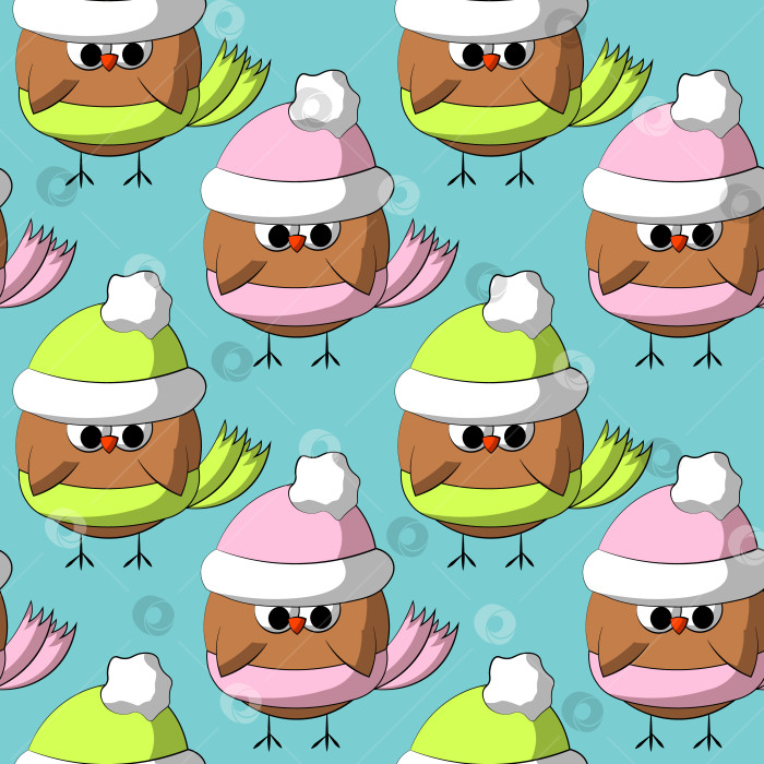 Скачать Seamless vector pattern with cute cartoon owl in winters hat and scarf фотосток Ozero