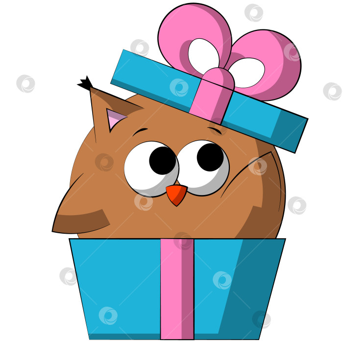 Скачать Cute cartoon Owl in gift box. Draw illustration in color фотосток Ozero