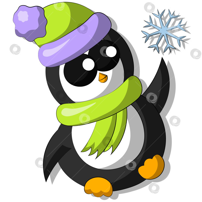 Скачать Cute cartoon Penguin with snowflake. Draw illustration in color фотосток Ozero