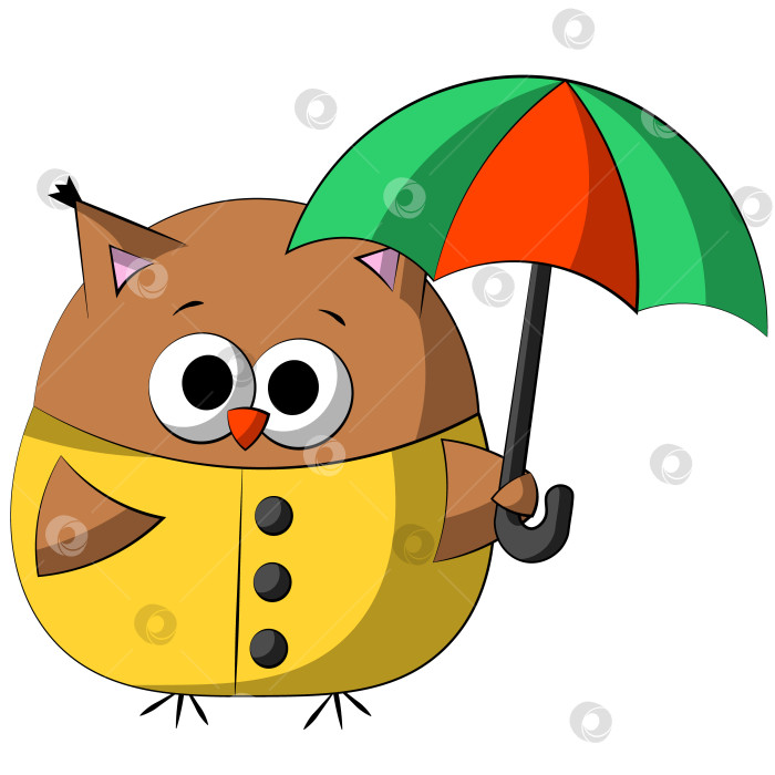 Скачать Cute cartoon Owl in raincoat with umbrella. Draw illustration in color фотосток Ozero