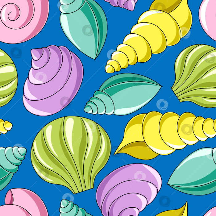 Скачать Seamless vector pattern with blue, purple, yellow, green and pink seashells фотосток Ozero